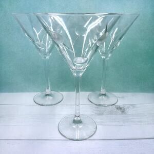 Vintage 3D Martini Glass Set of Three, 3D Olive & Toothpick Cocktail Glasses